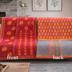 Kantha pink red hues with yellow green flowers Vintage ThrowQuilt handmade India